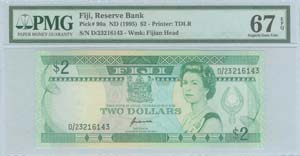 Fiji: 2 Dollars (ND 1995) in green on ... 