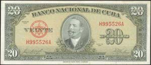 CUBA: 20 Pesos (1958) in black on olive unpt ... 
