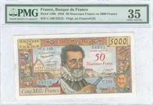 FRANCE: 50 Nouveaux Francs on 5000 Francs ... 