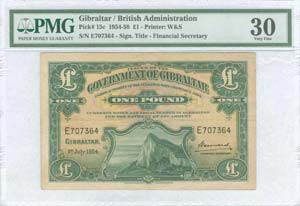 GIBRALTAR: 1 Pound (1.7.1954) in green on ... 