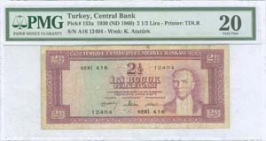 TURKEY: 2 1/2 Lira (ND 1960) in lilac with ... 