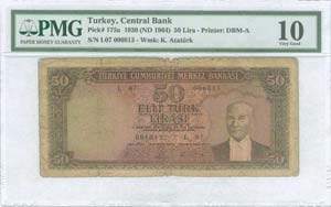 TURKEY: 50 Lira (ND 1964) in brown on ... 