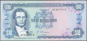 JAMAICA: 10 Dollars (1.5.1991) in bluish ... 