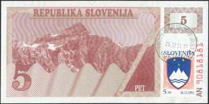 SLOVENIA: 5 Tolarjev (1990) in maroon on ... 