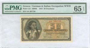 GREECE: 50 drx (1.2.1943) in brown on blue ... 