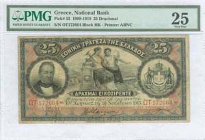 GREECE: 25 drx (10.11.1915) in black on red ... 