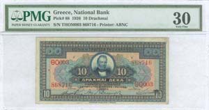 GREECE: 10 drx (5.8.1926) in blue on orange ... 