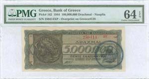 GREECE: 100 million drx (19.9.1944) red ovpt ... 