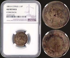 CYPRUS: 1/4 Piastre (1881 H) in bronze. Obv: ... 