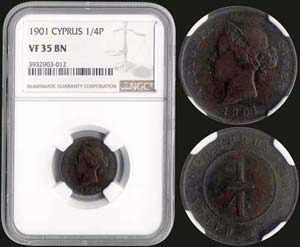CYPRUS: 1/4 Piastre (1901) in bronze. Obv: ... 