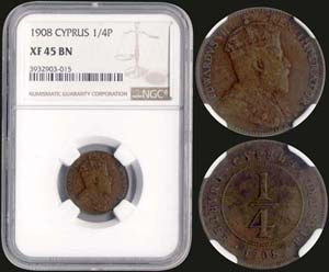 CYPRUS: 1/4 Piastre (1908) in bronze. Obv: ... 