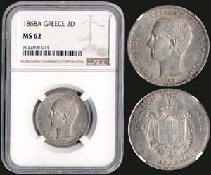 GREECE: 2 drx (1868 A) (type I) in silver ... 