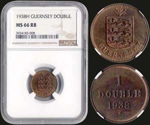 GUERNSEY: 1 Double (1938H) in bronze. Obv: ... 