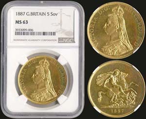 GREAT BRITAIN: 5 Pounds (1887) in gold ... 