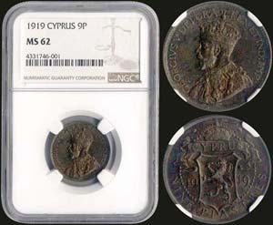 CYPRUS: CYPRUS: 9 Piastres (1919) in silver ... 