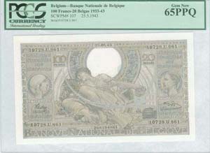 BELGIUM: 100 Francs (20 Belgas) (25.5.1943) ... 