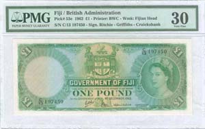 FIJI: 1 Pound (1962) in green on yellow and ... 