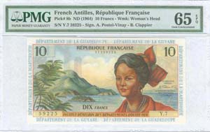 FRENCH ANTILLES: 10 Francs (ND 1964) in ... 