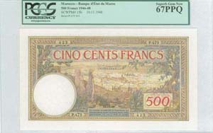 MOROCCO: 500 Francs (10.11.1948) in brown, ... 