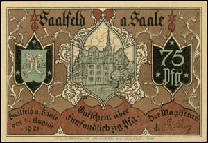 GERMANY: 75 Pf (1.8.1921) by Saalfeld ... 