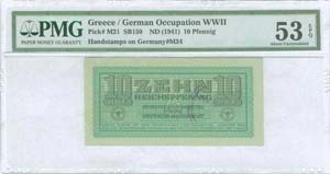 GREECE: 10 Reichspfennig (ND 1941) in green ... 