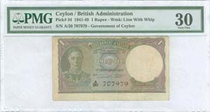 CEYLON: 1 Rupee (19.9.1942) in olive, lilac ... 
