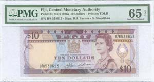 FIJI: 10 Dollars (ND 1986) in purple on ... 