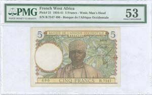 FRENCH WEST AFRICA: 5 Francs (6.3.1941) in ... 