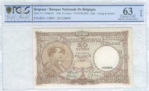 BELGIUM: 20 Francs (28.3.1940) in brown on ... 