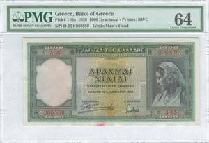 GREECE: 1000 Drachmas (1.1.1939) in green ... 