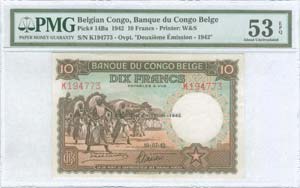 BELGIAN CONGO: 10 Francs (10.7.1942) in ... 