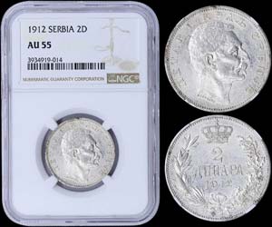 SERBIA: 2 Dinara (1912) in silver (0,835). ... 