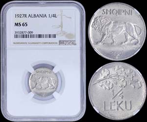 ALBANIA: 1/4 Leku (1927R) in nickel. Obv: ... 