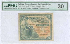 BELGIAN CONGO: 5 Francs (10.1.1943) in ... 