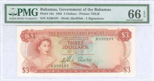 BAHAMAS: 3 Dollars (1965) in red on ... 