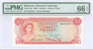 BAHAMAS: 3 Dollars (1968) in red on ... 