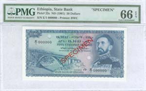 ETHIOPIA: Specimen of 50 Dollars (ND 1961) ... 