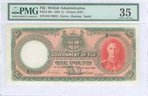 FIJI: 1 Pound (1.7.1950) in green on red ... 