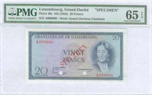 LUXEMBOURG: Specimen of 20 Francs (ND 1955) ... 