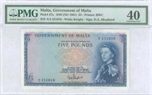 MALTA: 5 Pounds (ND 1961) in blue on ... 
