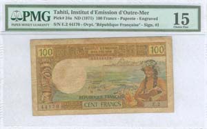 TAHITI: 100 Francs (ND 1971) in multicolor ... 