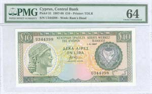 CYPRUS: 10 Pounds (1.4.1987) in dark green ... 