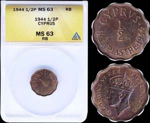 CYPRUS: 1/2 Piastre (1944) in bronze. Obv: ... 