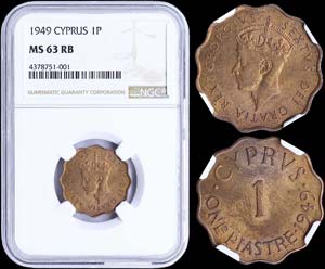CYPRUS: 1 Piastre (1949) in bronze. Obv: ... 