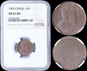 CYPRUS: 1/4 Piastre (1905) in bronze. Obv: ... 