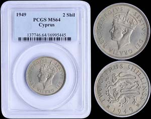 CYPRUS: 2 Shillings (1949) in copper-nickel. ... 