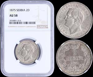 SERBIA: 2 Dinara (1875) in silver (0,835). ... 