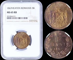 ROMANIA: 5 Bani (1867 HEATON) in copper. ... 