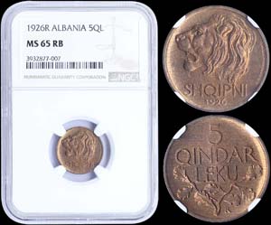 ALBANIA: 5 Qindar Leku (1926 R) in bronze. ... 