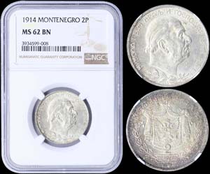 MONTENEGRO: 2 Perpera (1914) in silver ... 